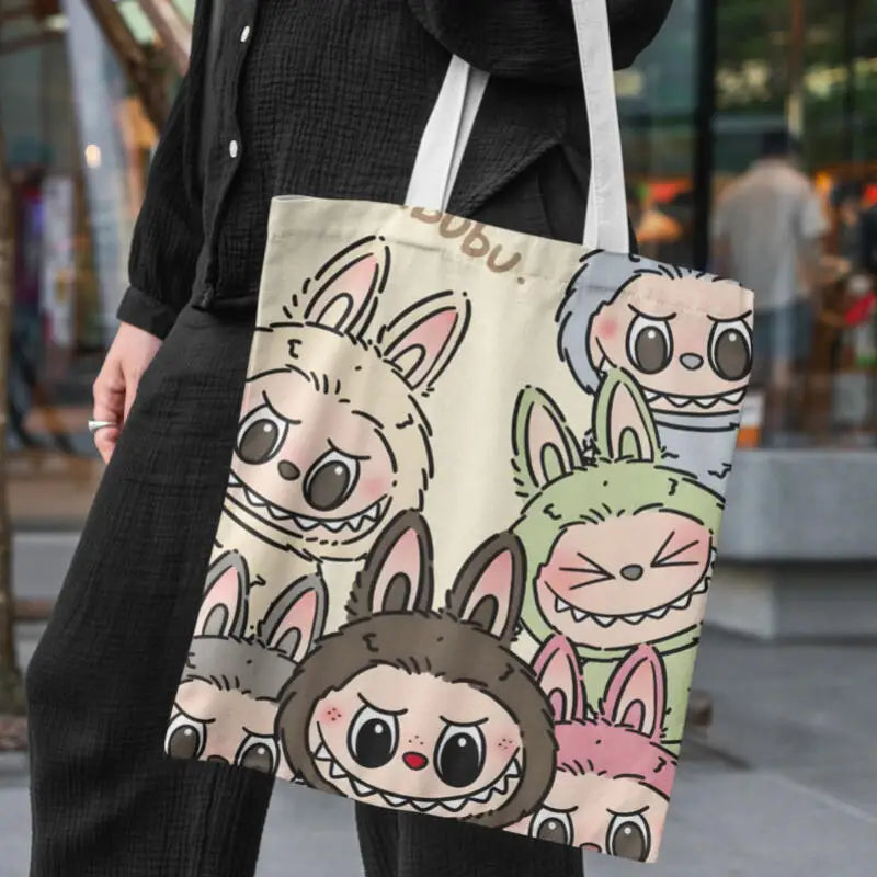 Kawaii Labubu Canvas Tote Bag – Anime Travel & Makeup Storage Gift