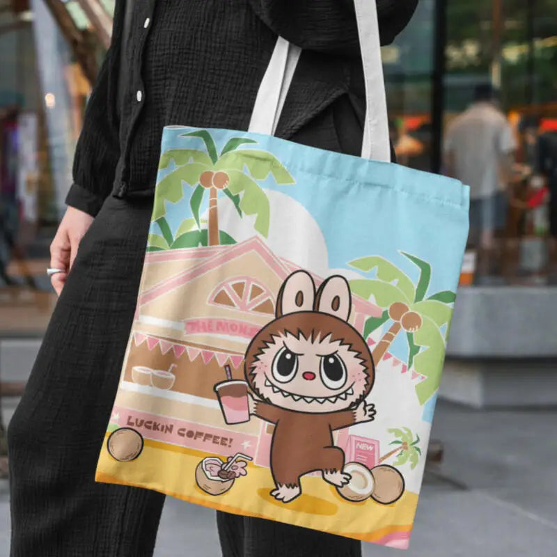 Kawaii Labubu Canvas Tote Bag – Anime Travel & Makeup Storage Gift