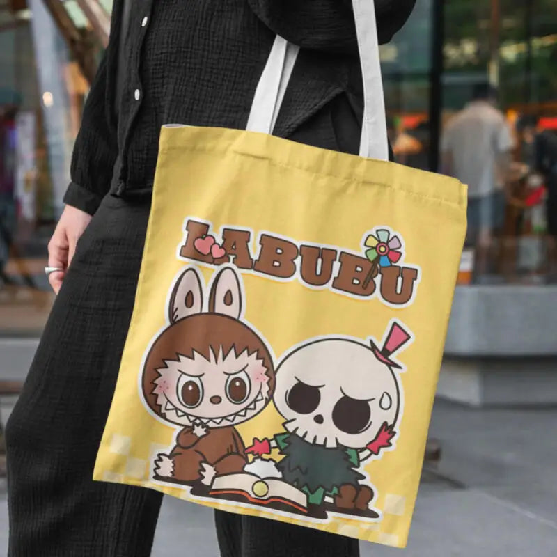 Kawaii Labubu Canvas Tote Bag – Anime Travel & Makeup Storage Gift