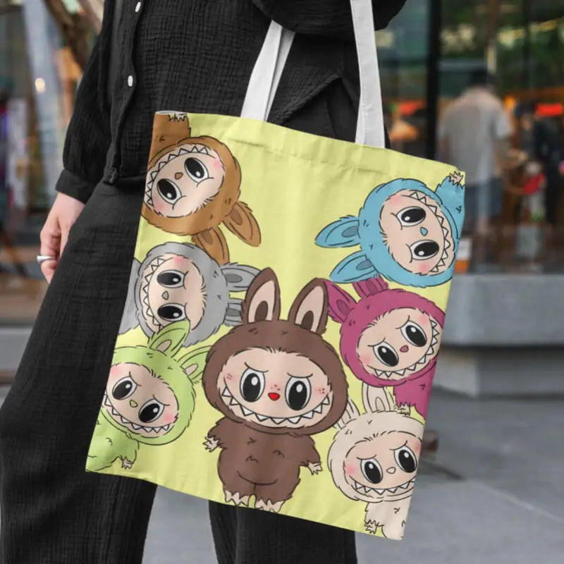 Kawaii Labubu Canvas Tote Bag – Anime Travel & Makeup Storage Gift