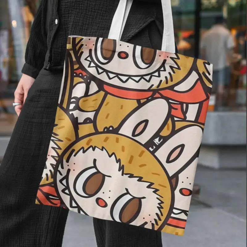 Kawaii Labubu Canvas Tote Bag – Anime Travel & Makeup Storage Gift