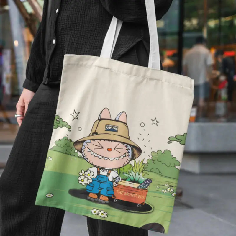 Kawaii Labubu Canvas Tote Bag – Anime Travel & Makeup Storage Gift